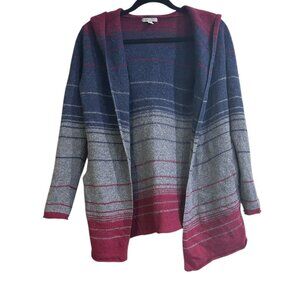 Horny Toad Women's Lambswool Hooded Cardigan Striped Blue Burgundy M Pockets